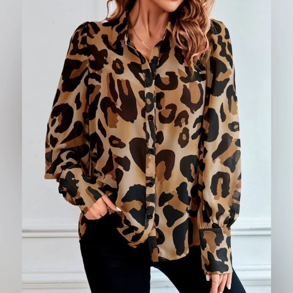 Leopard Print Sheer Button Down Shirt Top Blouse - Picture 4 of 6